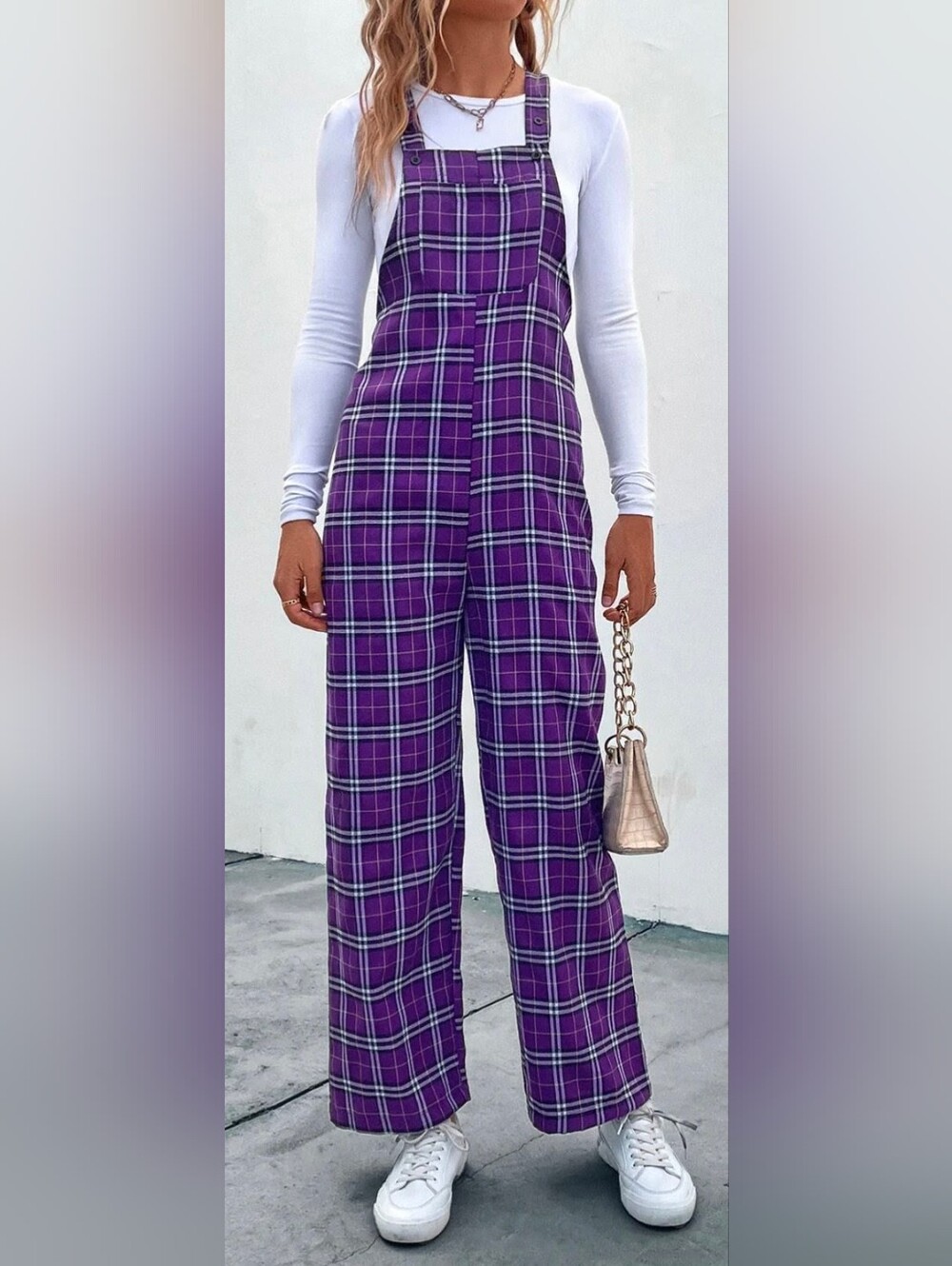 Women's Purple Plaid Straight Leg Overalls